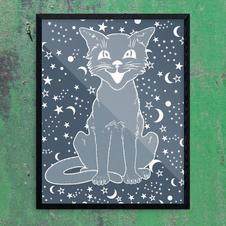 8" x 10 Vintage Halloween Cat on Navy Print for wholesale by Fridgedoor