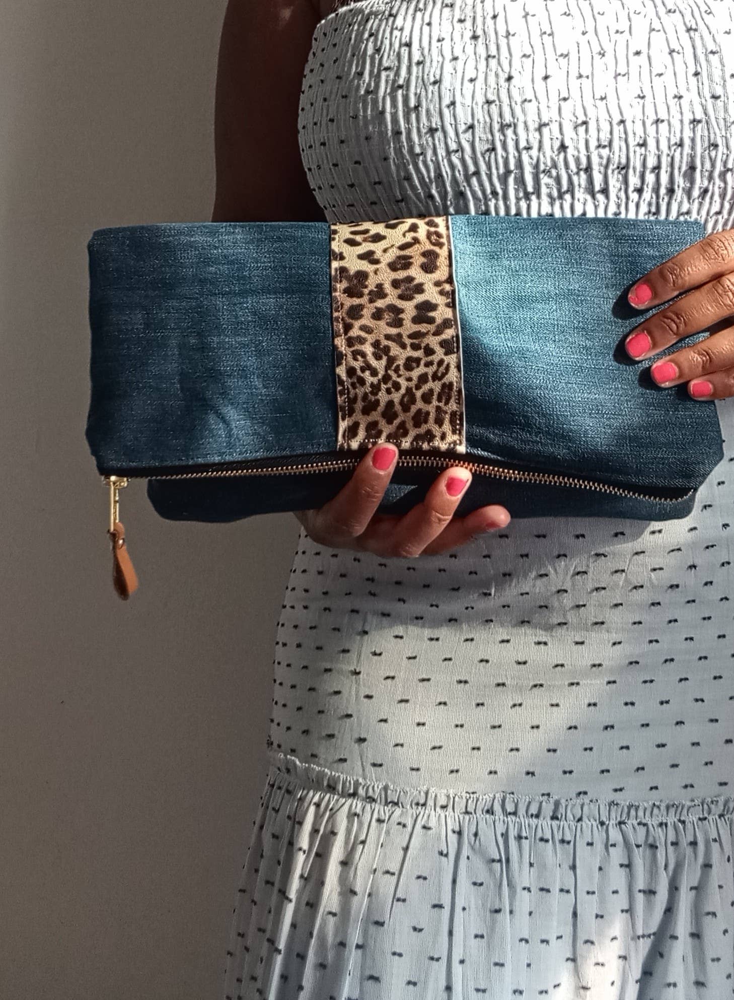 NKHenry - Wholesale Clutch Bag - Women's - Denim with Leopard Leather Clutch1