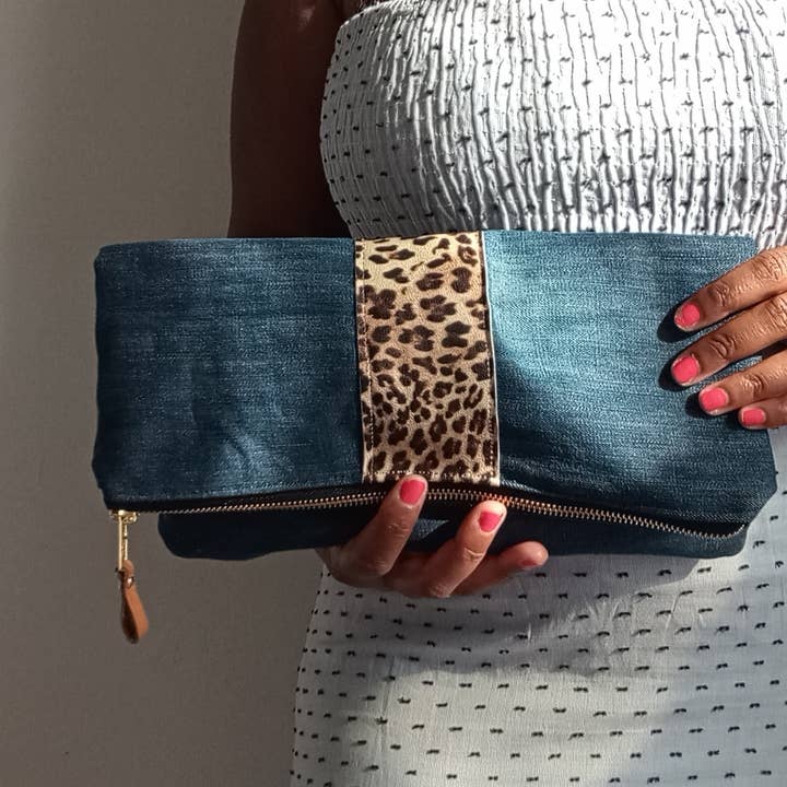 NKHenry - Wholesale Clutch Bag - Women's - Denim with Leopard Leather Clutch1