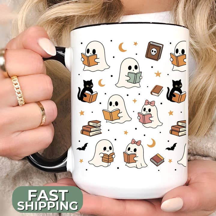 NVC Ecommerce LLC – wholesale Kaffekoppar – Spöklik Bokälskande Halloweenmugg, Söt Spöke & Katt Kaffekopp0