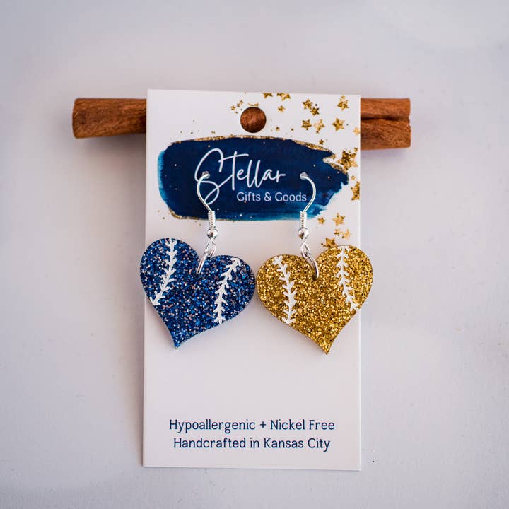 KC Baseball - Blue & Gold Baseball Heart Dangles Kansas City for wholesale by Stellar Gifts & Goods Wholesale