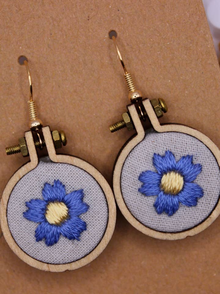Hand Embroidered Blue Floral Earrings for wholesale by MVA Embroidery