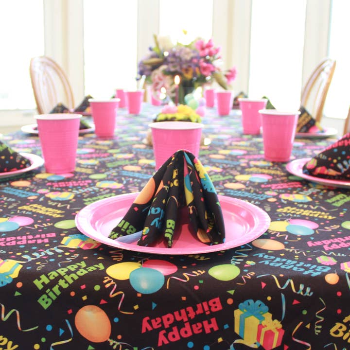 Happy Birthday Tablecloth Black Restaurant Quality Polyester Fabric Machine Wash and Dry No Wrinkles No Iron No Stains Made in USA All Sizes for wholesale by Southern Textiles