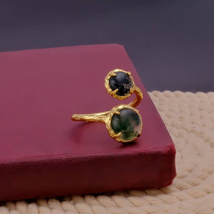 Double Moss Agate Open Texture Band Style Adjustable Rings for wholesale by El Joyero