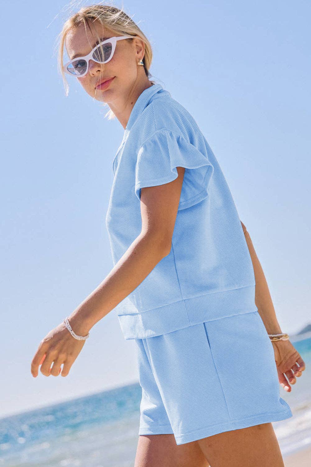 Beau Blue Ribbed Texture Half Zip Ruffled Short Sleeve Top and Shorts Set for wholesale on Faire2