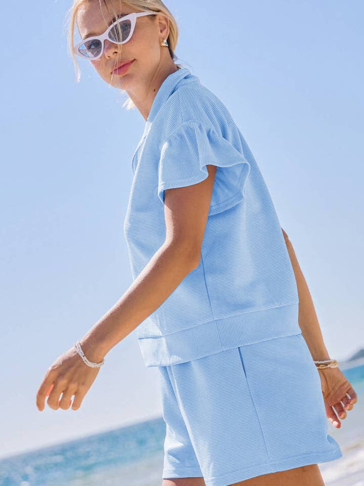 Beau Blue Ribbed Texture Half Zip Ruffled Short Sleeve Top and Shorts Set for wholesale on Faire2