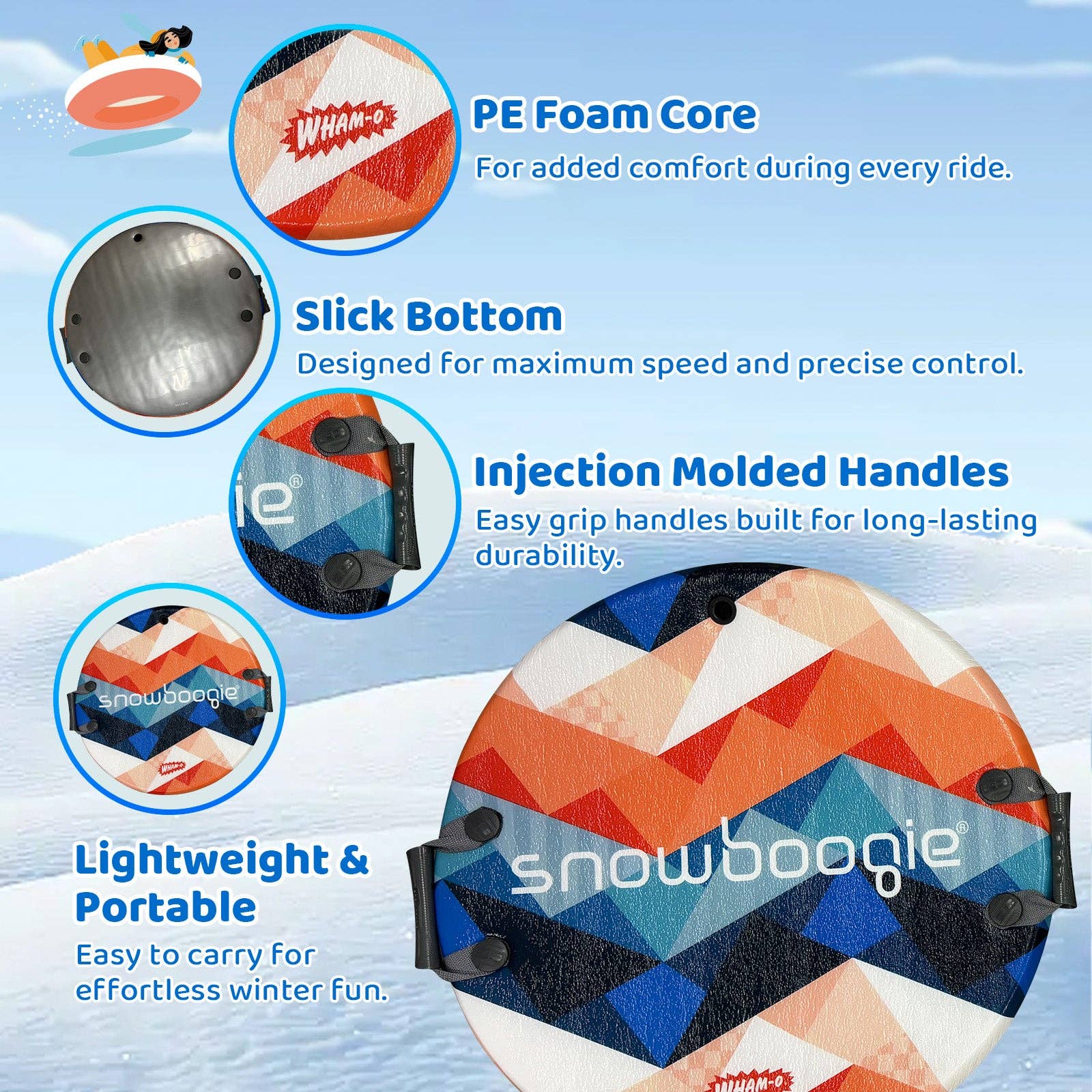 Sixale - Wholesale Sporting Accessories - Wham-O Snowboogie Snow Sled - 26" Single Rider Winter Air Disc Sled (Orange/Red)17