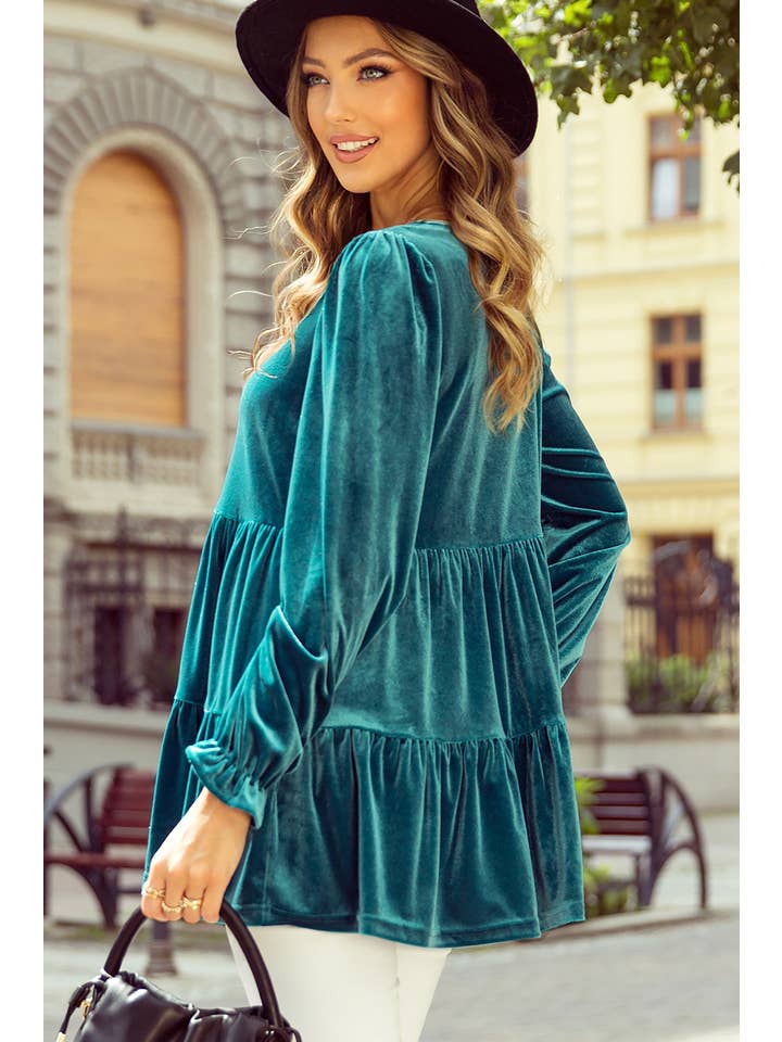 Sea Green Velvet V Neck Peplum Hem Puff Sleeve Blouse for wholesale on Faire7