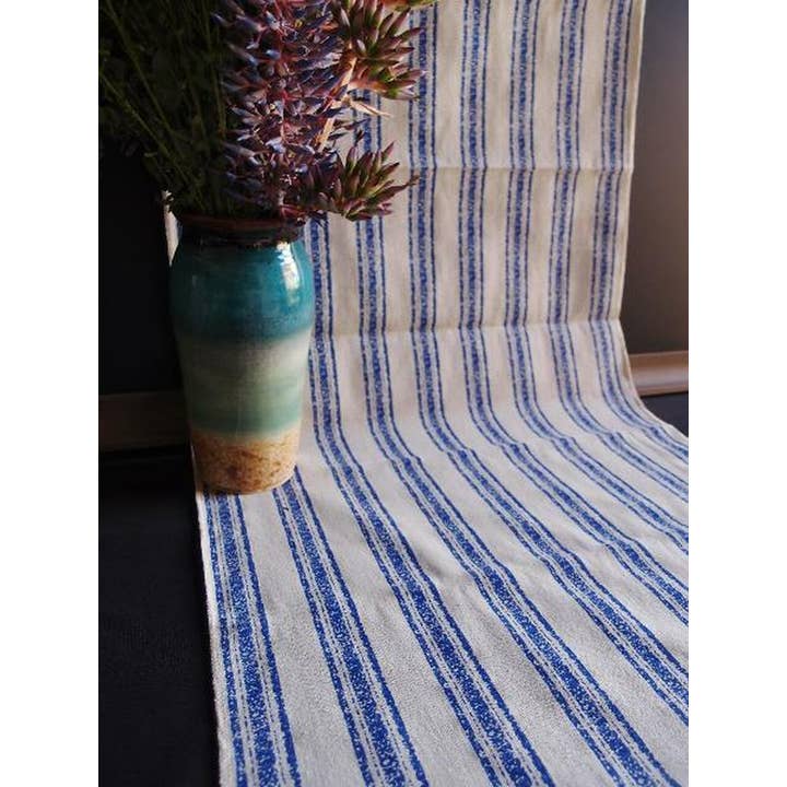 Rustic Blue Striped Linen Table Runner 19" for wholesale by Packaging Decor