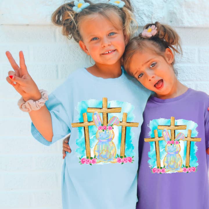 YOUTH Watercolor Easter Bunny Crosses Tee Spring Faith Kids for wholesale by Gia Gifts Boutique