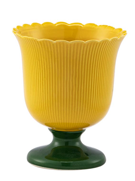 Yellow Pedestal Ribbed Tulip Planter - Retro #34068 for wholesale by Napco