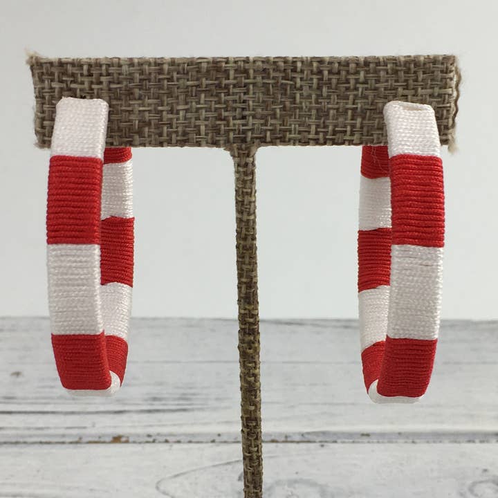 Red and white threaded hoop earrings for wholesale by SongLily
