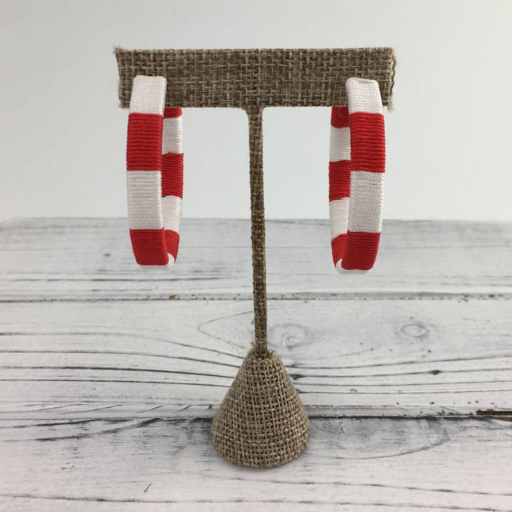 Red and white threaded hoop earrings for wholesale by SongLily