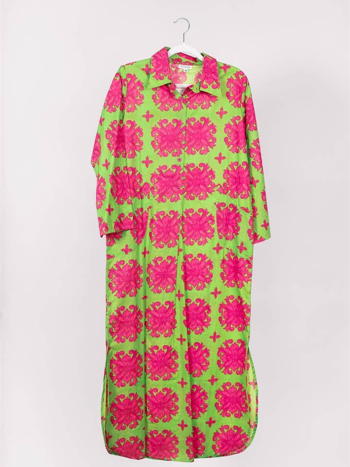 ModaPosa - Wholesale Dress - Women's - Gabriella Maxi Caftan Shirt Dress Baroque Tile Jasmine Pink