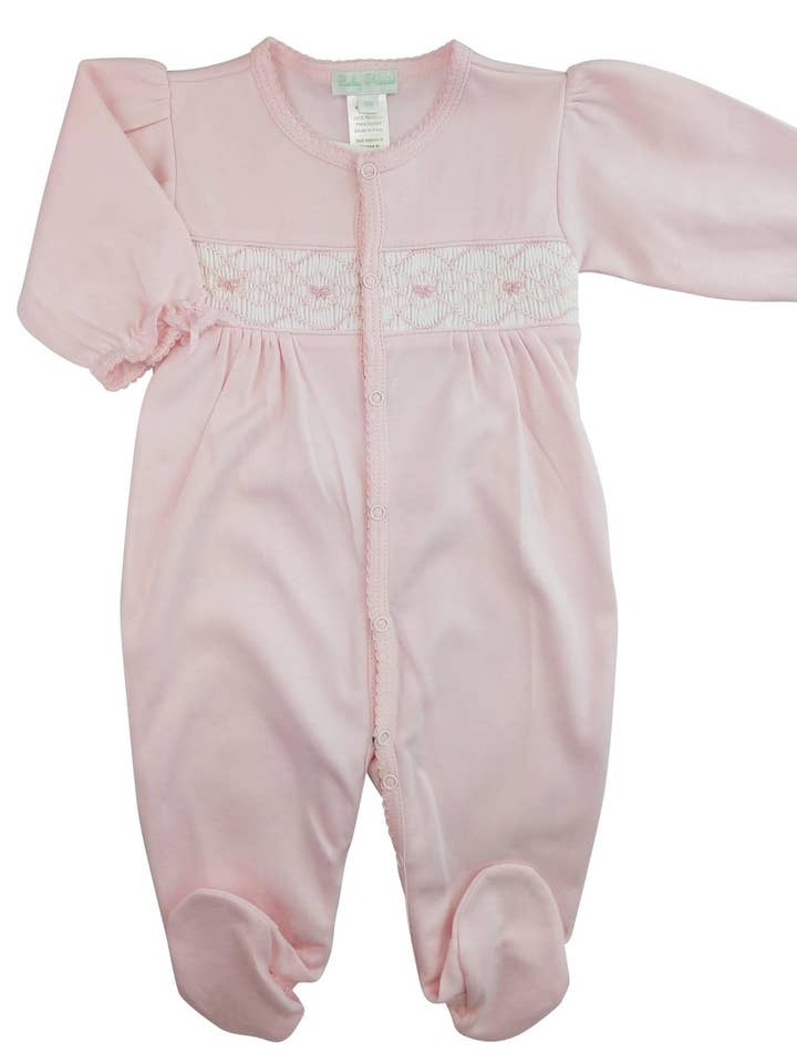Bows Hand Smocked Pima Cotton Baby Footie for wholesale by Baby Threads