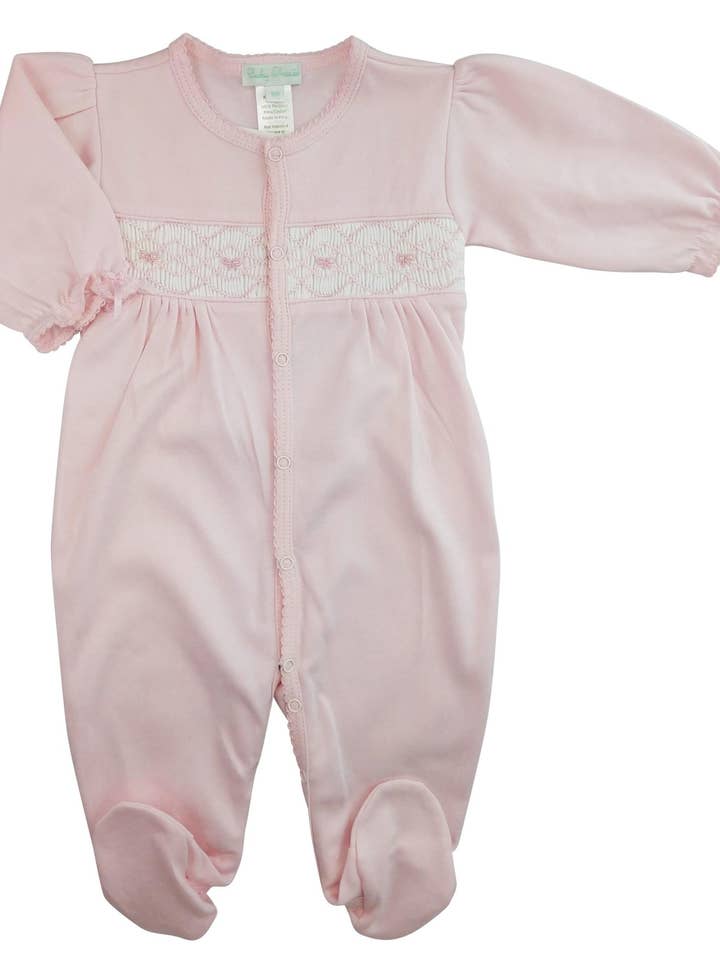 Bows Hand Smocked Pima Cotton Baby Footie for wholesale by Baby Threads