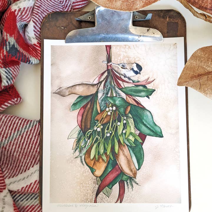 Magnolia & Mistletoe Winter Watercolor Print - Unframed for wholesale by Jessica Flores Design