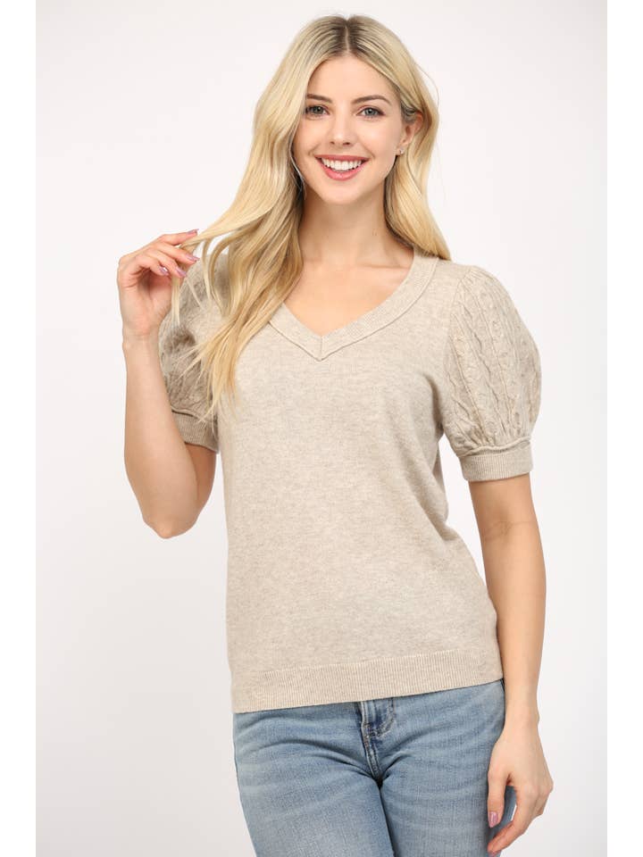 OATMEAL CASHMERE BLEND CABLE KNIT SHORT PUFF SLV SWEATER FW15535 for wholesale on Faire