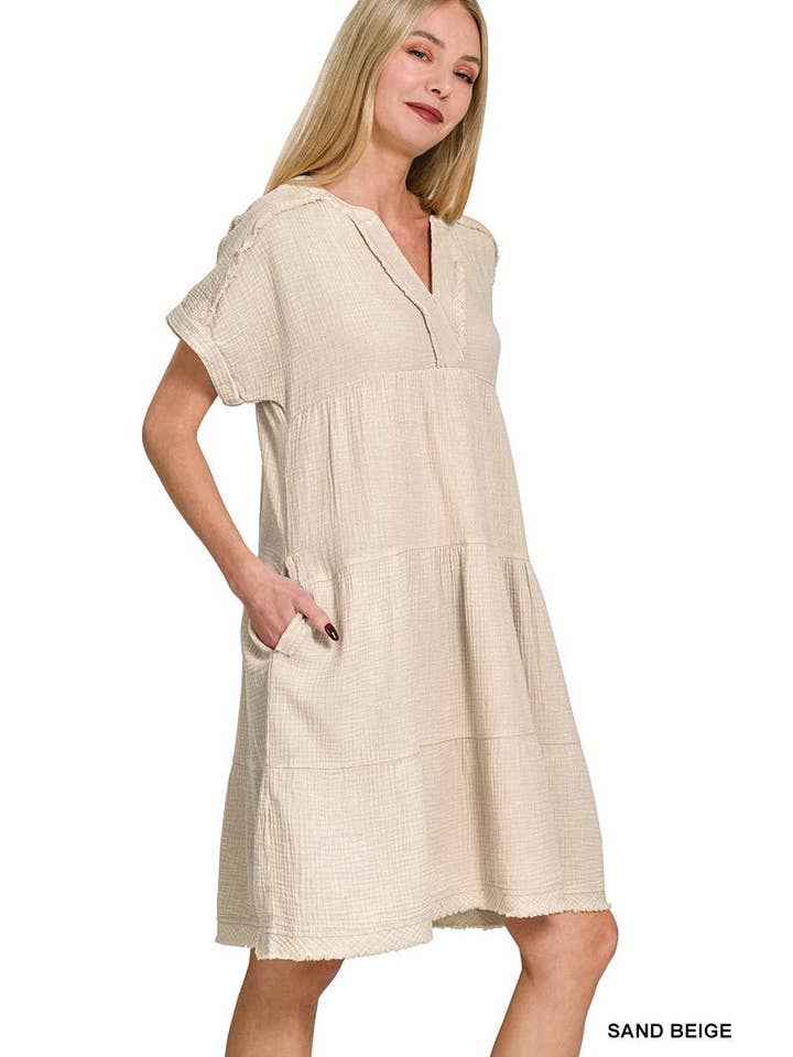 SAND BEIGE Washed Double Gauze Raw Edge V-neck Dress for wholesale on Faire2