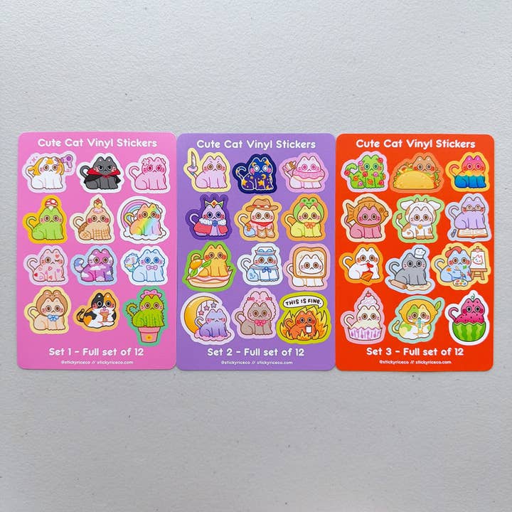 Cute Cat Heavy Duty Waterproof Matte Vinyl Sticker Sheets Volumes 1-3 for wholesale by StickyRiceCo