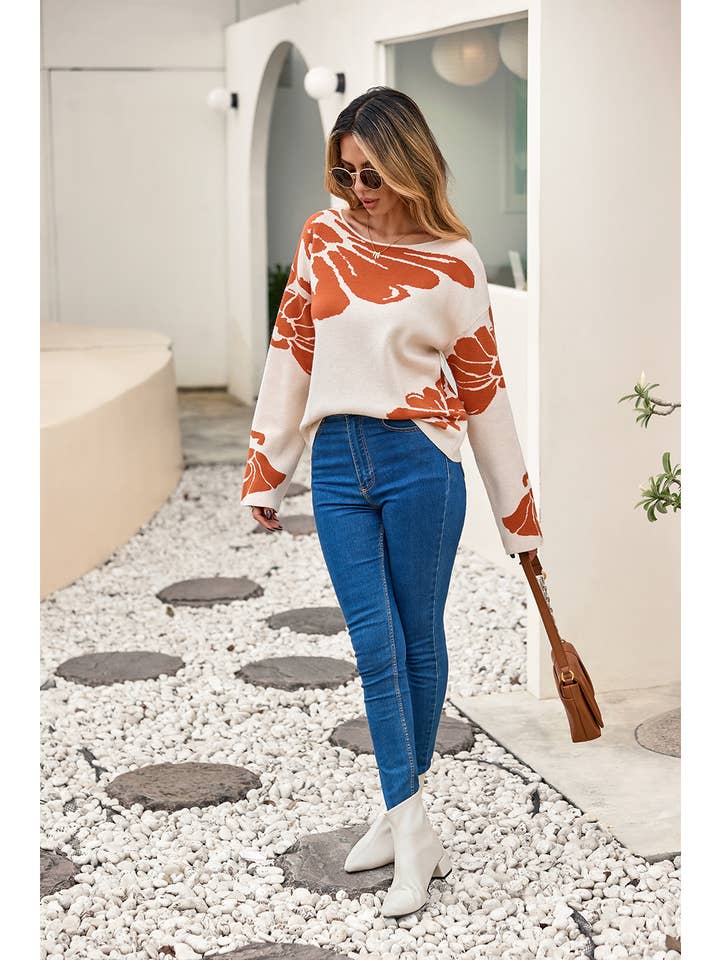 Beige LDC Bold Flower Pattern Southern Girl Baggy Sweater for wholesale on Faire6