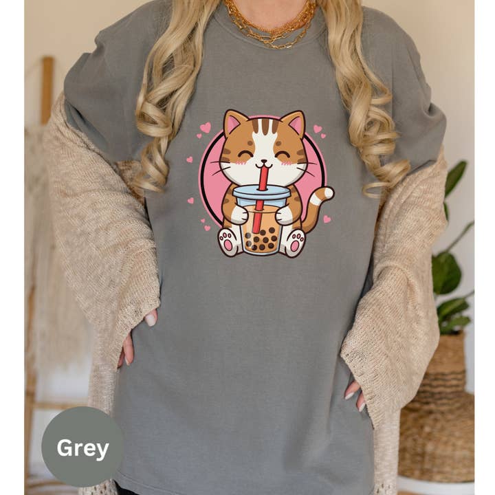 Graphic Galore - Wholesale Screen Printed T-Shirt - Women's - Anime Kawaii Cat Boba Tea Shirt, Cute Japanese Neko Tee For The Anime Fan, Boba Lover Shirt, Gift For The Japanophile, Adorable Kitten Shirt3