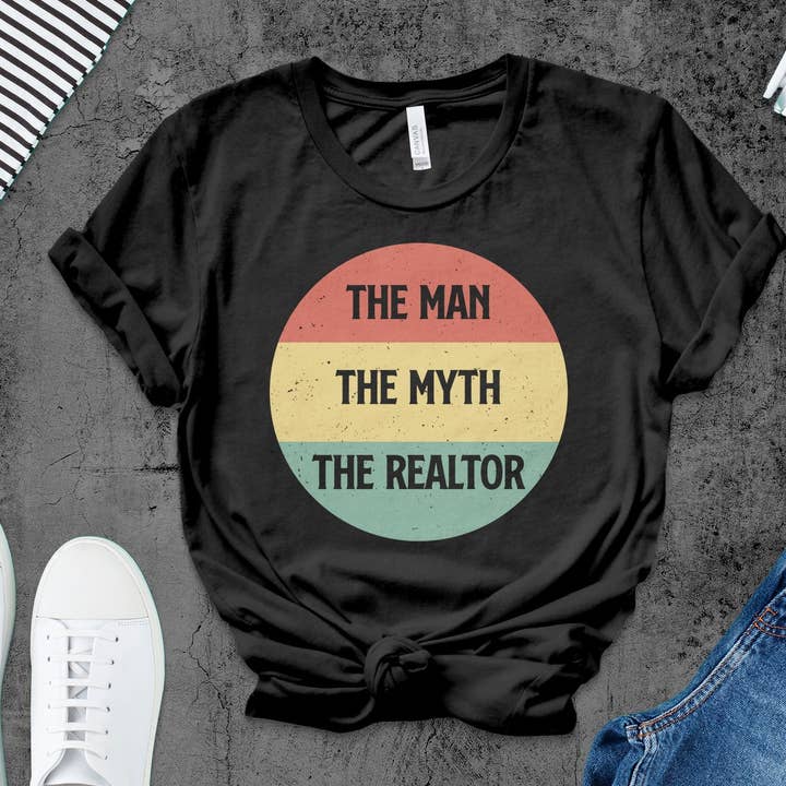 The Man The Myth The Realtor T-Shirt, Real Estate Agent Gift, Realtor Tee, Vintage Style Professional Apparel, Colorful Retro Shirt for wholesale by FreakyTeeFactory