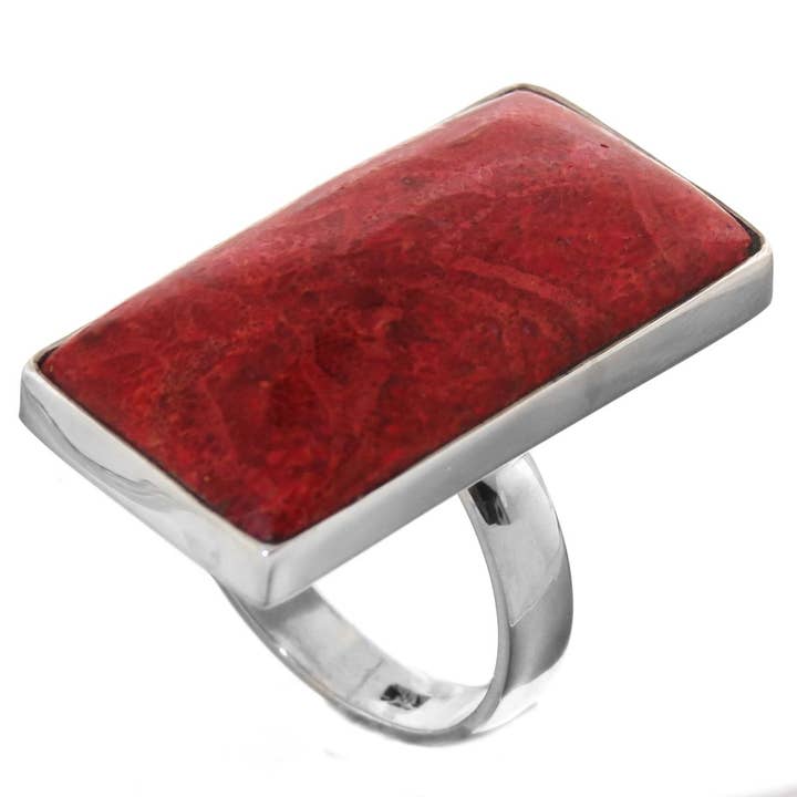 1 1/4" rectangle red coral 925 silver ring for wholesale by FifiRose