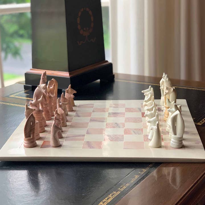 Global Crafts - Wholesale Board Game - Africa Soapstone Carved Chess Set - Safari Animals Pink/Nat3
