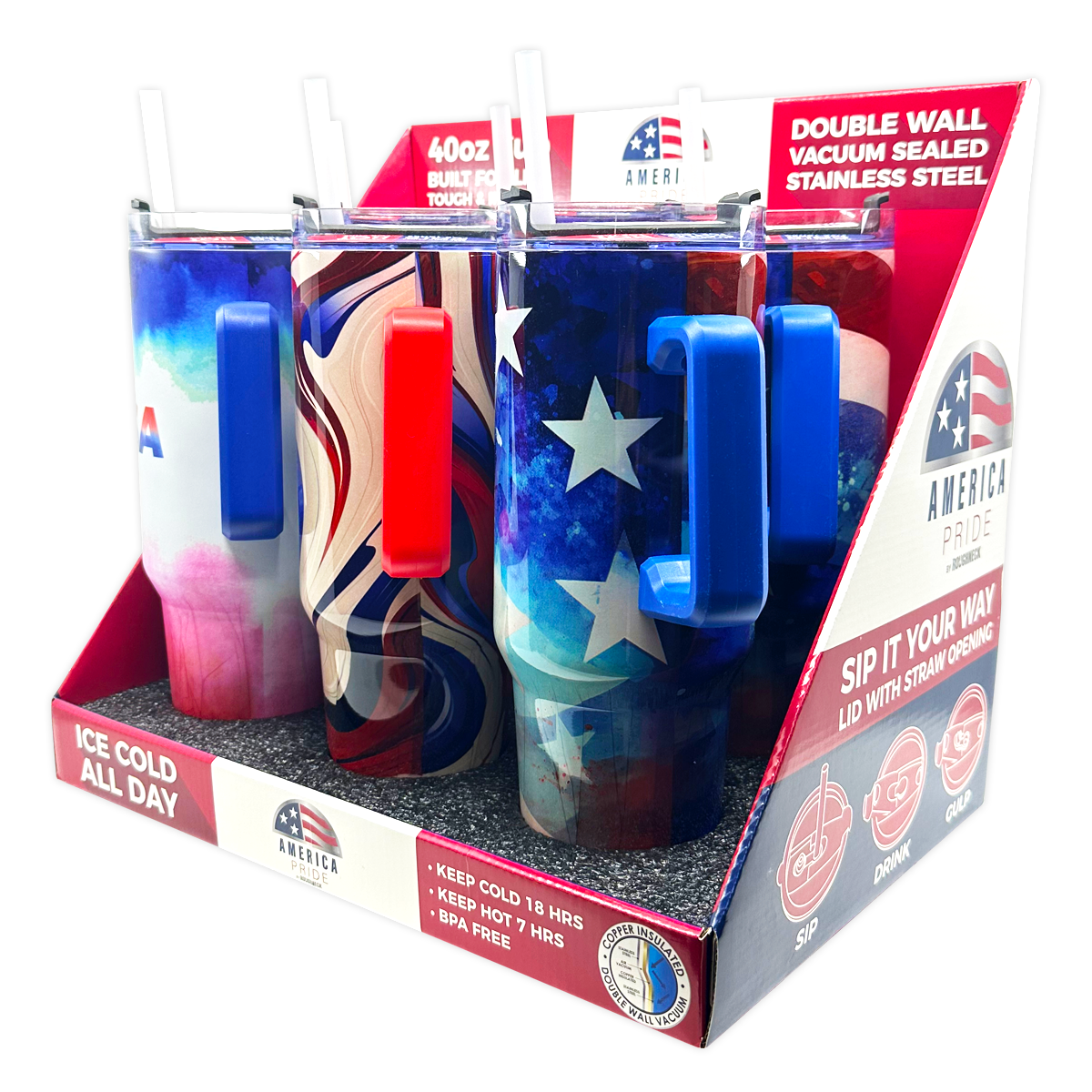 Novelty Brands - Wholesale Insulated Mug/Tumbler - Insulated Patriotic 40 oz Printed Cup Assortment - 6/Display2