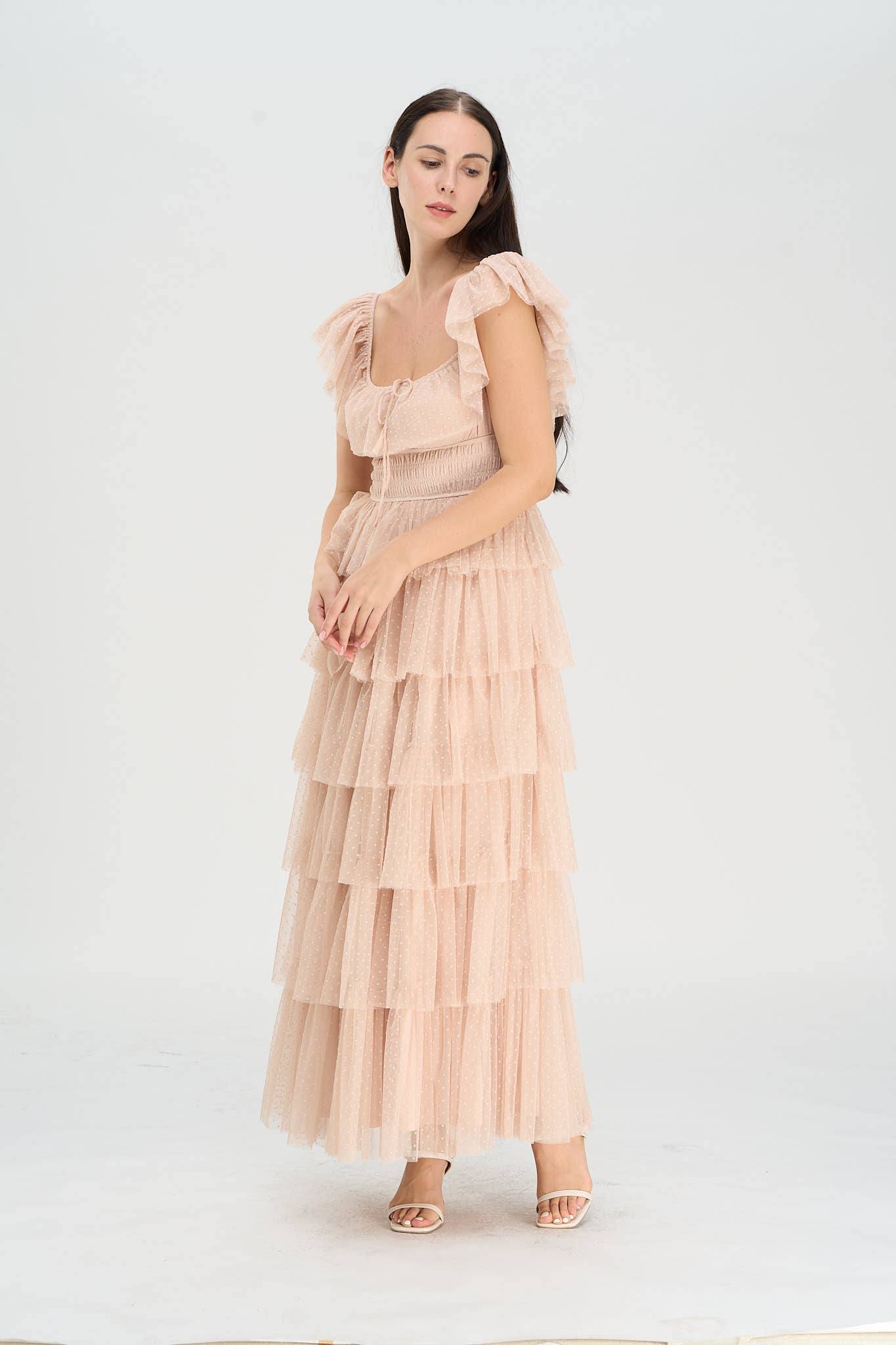 DUSTY ROSE - Venta al por mayor Vestido - Mujer - Vestido largo de tul con lunares en capas Whimsy18