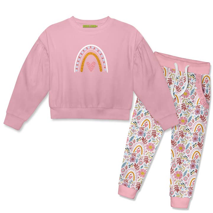 Girls Dusty Pink Sweatshirt & Rainbows & Flowers Joggers for wholesale by Millie Loves Lily