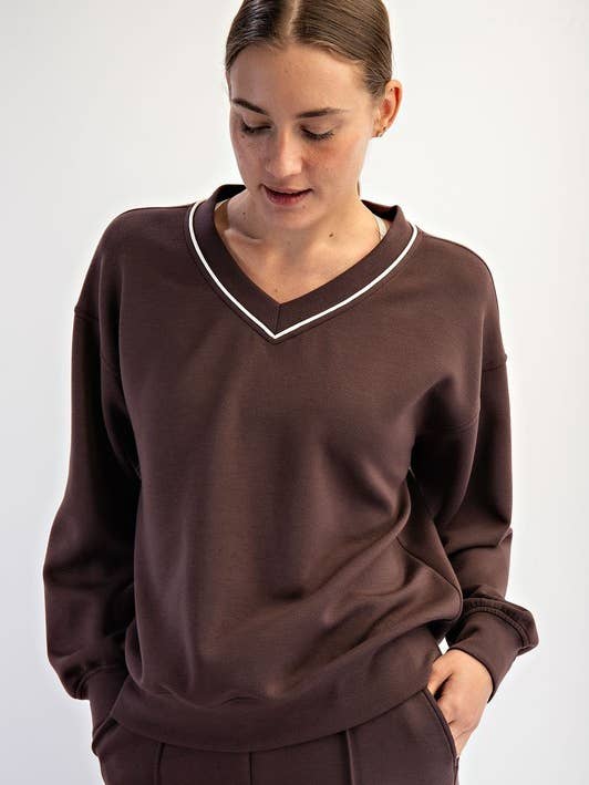 Sunday Morning - Wholesale Sweatshirt - Women's - T570037-Long Sleeve Modal Scuba V Neck Piping Top5