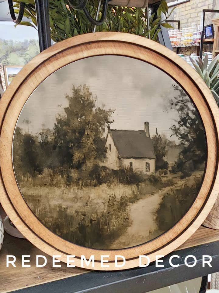 Arte de paisaje de cabaña redonda de 8" para venta al por mayor de Redeemed Decor