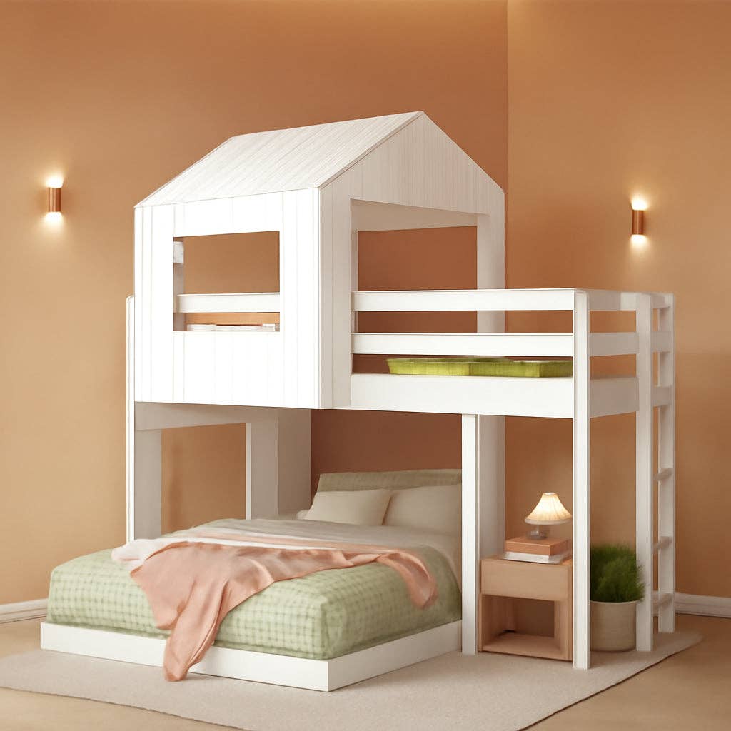 White Twin Over Full Low Profile Playhouse Bunk Bed for wholesale on Faire0