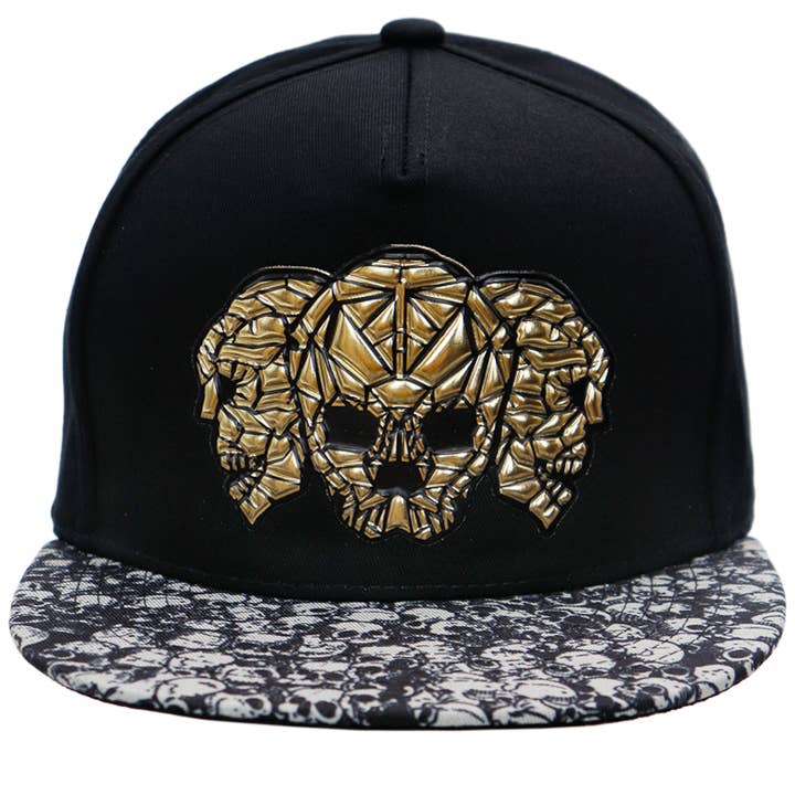 Nero/Oro Snapback in acrilico a becco piatto con teschio a prisma metallizzato in vendita all'ingrosso su Faire1