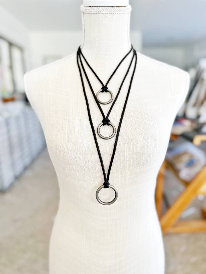 Brushed Silver O-Ring on Black Leather Necklace for wholesale by Boho By Design