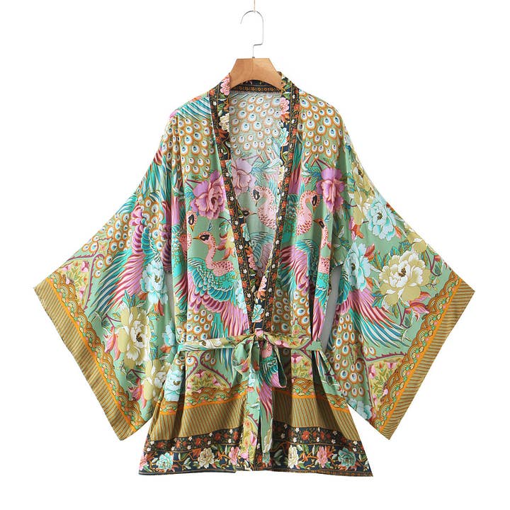 Rosa Clothing - Vente Kimono – femme - Kimono à nouer à la taille avec imprimé paon de plage bohème vibrant5