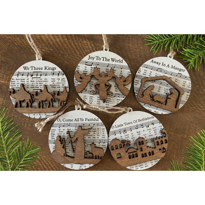 Set of 5 Nativity Hymnal Christmas Ornaments for wholesale by Etched Laser