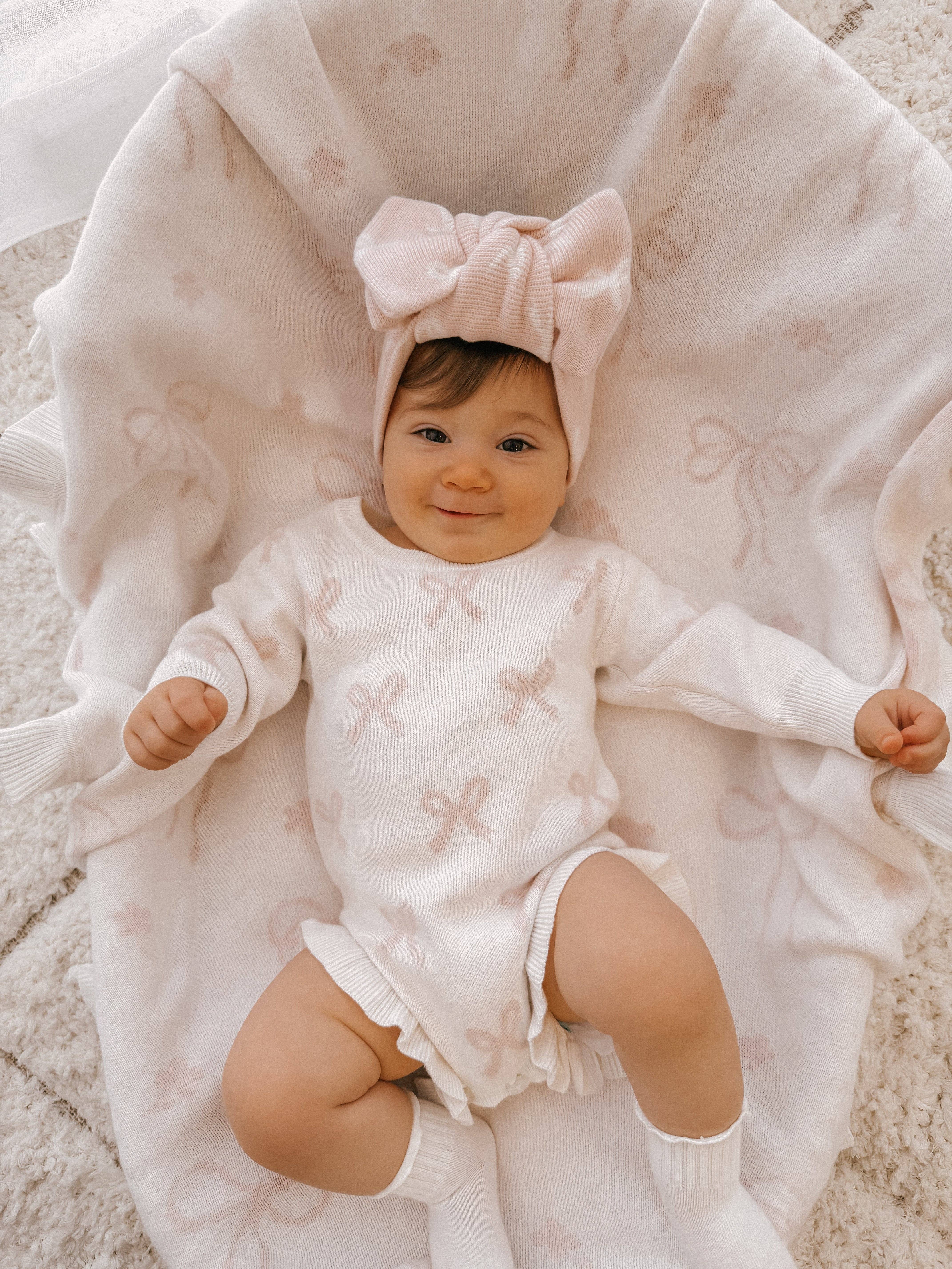 Petite + Co - Wholesale Security/cuddle blanket – Baby - FRILL ROMPER | MILK + BABY PINK BOWS3
