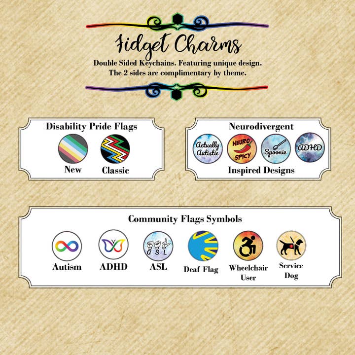 Con-Quest Crafts - Wholesale Keychain – Unisex - DisabilityPride Fidget Charms double-sided spinning keychain1