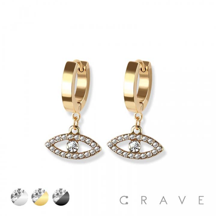 CRAVE BODY JEWELRY - Venta al por mayor Pendientes de aro pequeños - PAR DE PENDIENTES TIPO HUGGIE/ARO CON COLGANTE DE OJO MALIGNO PAVIMENTADO CON CIRCONITA CÚBICA2