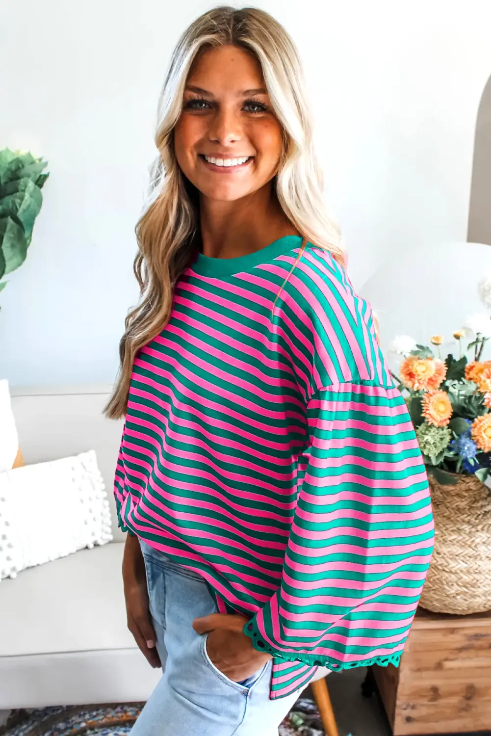 Lovesoft - Wholesale Blouse - Dames - Zwart Gestreept Print Drop Shoulder Kant Afgewerkt Armband Mouw Losse Top15