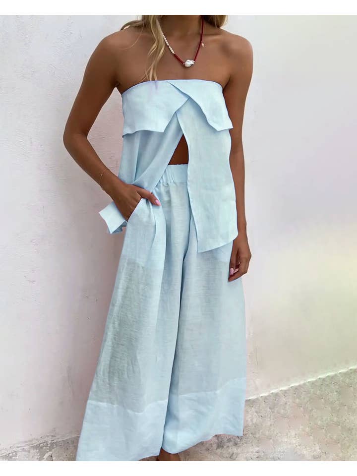 Chicto - Wholesale Set met top en broek (GEEN Loungewear) - Dames - Casuale effen kleur straploze split top & broek tweedelig set