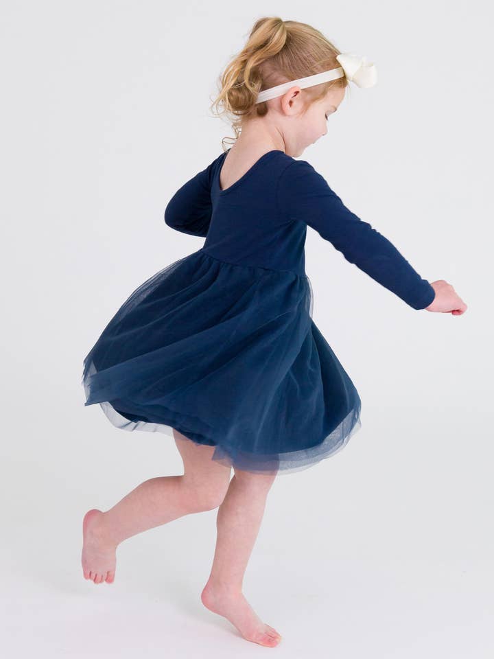 Girls Dark Navy Long Sleeve Tulle Twirl Dress for wholesale on Faire