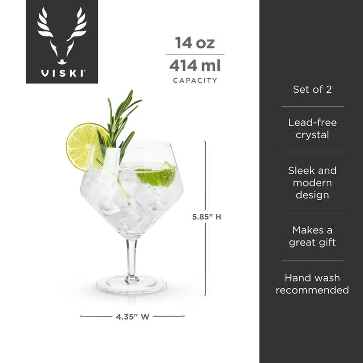 Viski - Wholesale Cocktail/Liquor Glass - Raye™ Stemmed Angled Crystal Gin and Tonic Glasses Set of 26