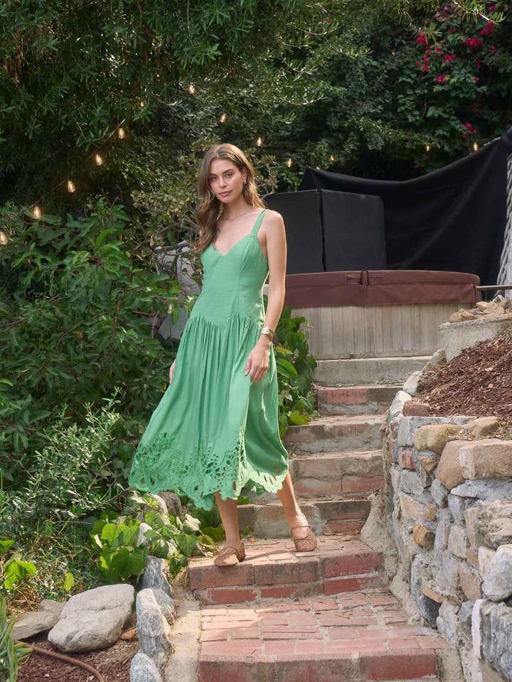 V-NECK EYELET DETAIL MIDI DRESS for wholesale by Moon River