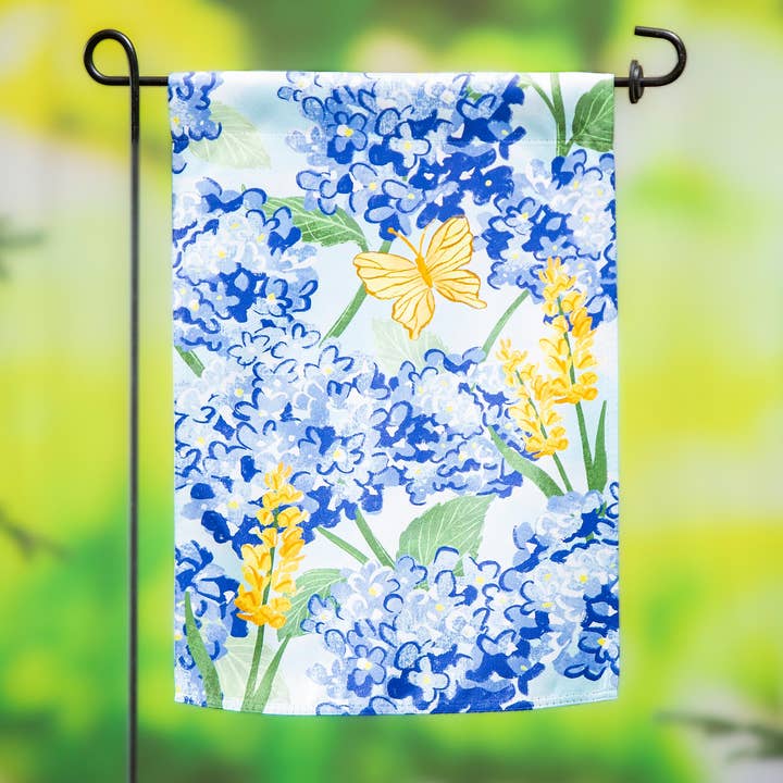 Coastal Citrus Hydrangeas and Butterflies Suede Garden Flag for wholesale by Evergreen Enterprises