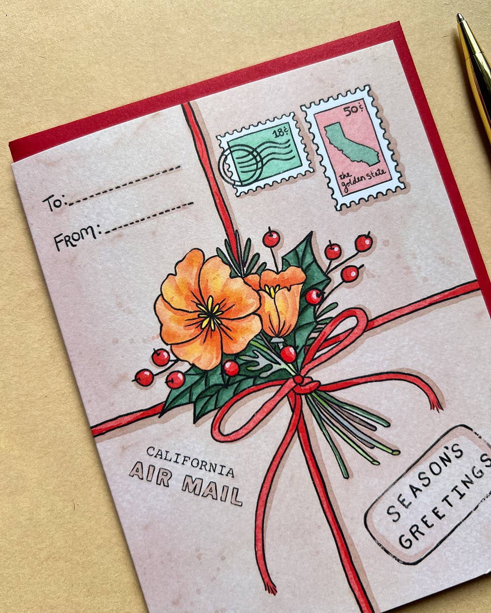 Brenna Daugherty Illustration - Vente Cartes de vœux saisonnières - Cartes en boîte du forfait vacances Coquelicot de Californie - Ensemble de 62