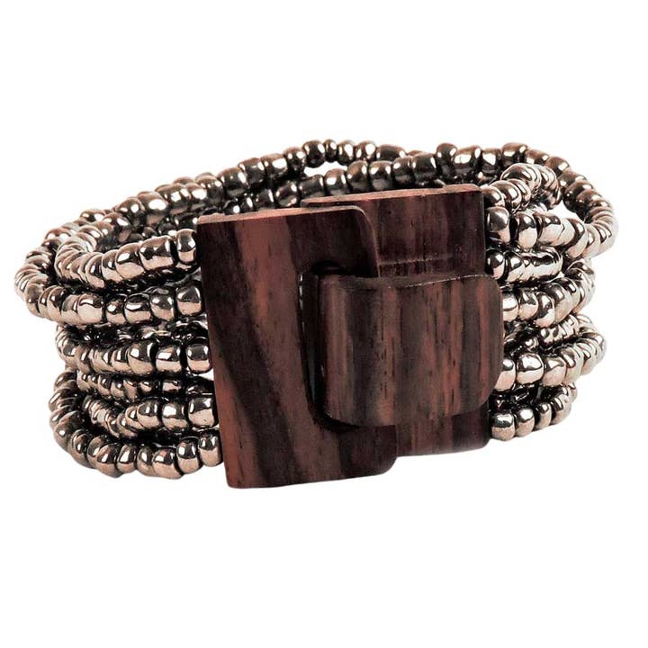 Pink House Imports - Vente Bracelet de perles - Bracelet en perles de verre de Bali avec mini boucle en bois2